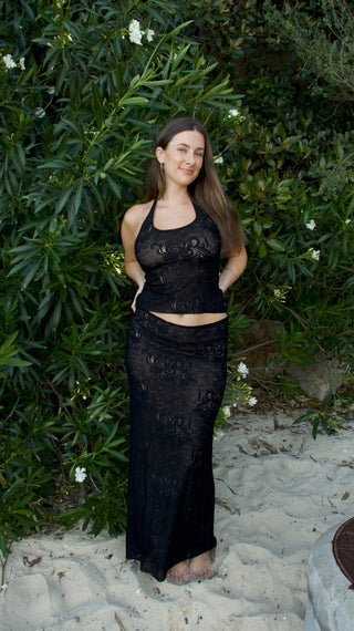 BLACK BUTTERFLY LACE MARTINI MAXI SKIRT
